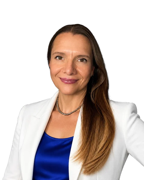Tatyana Wilson wearing a white blazer and cobalt-blue top