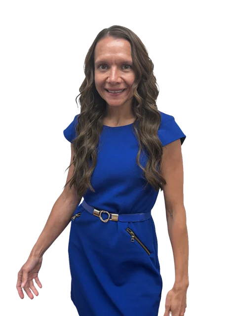 Tatyana Wilson with long wavy hair in a cobalt-blue dress